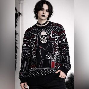 Killstar Gothic Skull & Black Cat Ugly Christmas Sweater XL Goth Holiday Knit